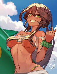  andromeda_(fate) andromeda_(second_ascension)_(fate) bad_id bad_pixiv_id bandeau bare_shoulders bikini bikini_under_clothes blue_pants blue_sky blush bracelet braid breasts brown_hair chains cleavage criss-cross_halter crown_braid dark-skinned_female dark_skin denim fate/grand_order fate_(series) female genshu_doki green_eyes grin halterneck highleg highleg_bikini highres hydrokinesis inflatable_toy jeans jewelry large_breasts long_hair looking_at_viewer low_ponytail multicolored_bikini multicolored_clothes navel pants rainbow_bikini see-through sidelocks sky smile solo stomach swimsuit water 