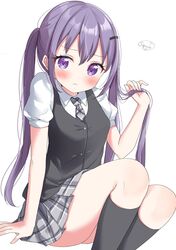  black_socks blush closed_mouth embarrassed female gochuumon_wa_usagi_desu_ka? grey_necktie grey_skirt hair_between_eyes hair_ornament hairpin hand_on_floor highres holding holding_own_hair legs_together long_hair looking_at_viewer miniskirt necktie plaid plaid_necktie plaid_skirt pleated_skirt puffy_short_sleeves puffy_sleeves purple_eyes purple_hair school_uniform shirt short_sleeves signature simple_background skirt socks solo sugutsuka_rerun tedeza_rize tedeza_rize&#039;s_school_uniform twintails uniform vest white_background white_shirt 