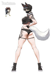  absurdres animal_ears arm_tattoo ass black_hair black_panties collar direhowl female fingerless_gloves from_behind gloves highres leg_tattoo looking_back mask mouth_mask pal_(creature) palworld panties personification short_hair simple_background skindentation solo spiked_collar spikes tail tattoo underwear white_background white_tail wolf wolf_ears wolf_tail wonbin_lee yellow_eyes 