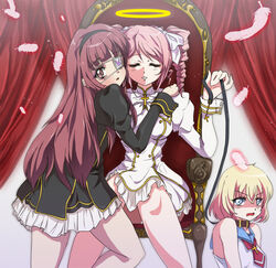  3girls angel bevel_hamana blonde_hair blue_eyes blush breasts brown_eyes brown_hair closed_eyes collar drill_hair eyepatch feathers hair_ribbon hairband halo hanazono_yurine hug jashin-chan_dropkick juliet_sleeves large_breasts leash lierre long_hair long_sleeves looking_at_viewer multiple_girls open_mouth pink_hair pino_(jashin-chan_dropkick) puffy_sleeves ribbon short_hair sitting_on_throne throne twin_drills yuri 