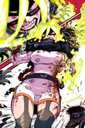  black_mask blood blood_splatter boku_no_hero_academia breasts burnin_(boku_no_hero_academia) burning clenched_teeth domino_mask eye_mask female fiery_hair fire glowing glowing_hair green_fire green_hair highres incoming_attack incoming_punch kingbawoon large_breasts mask multiple_views punching red_background teeth thighhighs thighs 