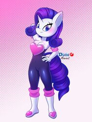  3:4 absurd_res anthro anthrofied big_breasts blue_eyes blush boots breasts cleavage clothed clothing cosplay equid equine female footwear friendship_is_magic gloves hair hand_on_hip hands_behind_head handwear hasbro heart_symbol hi_res horn looking_at_viewer mammal my_little_pony mythological_creature mythological_equine mythology pink_blush pose purple_hair rarity_(mlp) redbluedude rouge_the_bat sega simple_background solo sonic_the_hedgehog_(series) tail tight_clothing unicorn watermark white_background white_body 