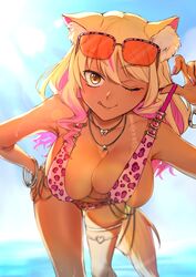  ;p animal_ears animal_print belly_chain bikini bikini_top_pull blue_sky bracelet breasts dark-skinned_female dark_skin day eyewear_on_head fate/grand_order fate_(series) female fox_ears fox_girl fox_tail gradient_hair gyaru hanging_breasts highres hiyayaako jewelry large_breasts leaning_forward leopard_print multicolored_hair ocean one_eye_closed outdoors pink_bikini sky solo sunglasses suzuka_gozen_(fate) suzuka_gozen_(swimsuit_rider)_(fate) suzuka_gozen_(swimsuit_rider)_(second_ascension)_(fate) swimsuit tail tan thighlet tongue tongue_out zuka 