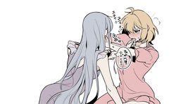  2girls ahoge anger_vein anisphia_wynn_palettia assertive_female blonde_hair blush commentary_request dress euphyllia_magenta green_eyes grey_hair hand_on_another&#039;s_chin lelioz long_hair medium_hair multiple_girls pajamas pink_dress purple_dress short_sleeves simple_background sleeveless sleeveless_dress sweat tensei_oujo_to_tensai_reijou_no_mahou_kakumei translation_request white_background yuri 