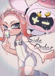  agent_8_(splatoon) bodysuit closed_mouth color_chip_(splatoon) commentary copyright_name crown drone eyelashes female floating glitch grey_eyes grey_hair highres medium_hair multicolored_hair non-humanoid_robot octoling octoling_girl octoling_player_character one_eye_closed orange_hair panu pearl_drone_(splatoon) robot sleeveless sleeveless_bodysuit smile splatoon_(series) splatoon_3 splatoon_3:_side_order standing standing_on_one_leg tentacle_hair two-tone_hair white_background white_bodysuit 