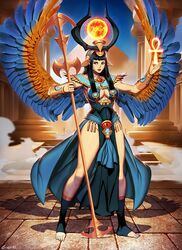  above_cleavage_cutout ankh bare_legs bird_wings black_hair black_horns blue_feathers breasts card_game cleavage_cutout clothing_cutout egyptian egyptian_clothes egyptian_mythology eye_symbol feathers female genzoman highres holding holding_staff horns indoors isis_(mythology) jewelry long_bangs looking_to_the_side magic orange_feathers pyramid_(structure) shadow smoke solo spread_wings staff thick_thighs thighs tile_floor tiles toeless_legwear toenails usekh_collar wings 