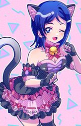  81_(mellowry) alternate_costume animal_ears arm_cuffs bare_shoulders bell birthday black_gloves black_socks blue_eyes blue_hair blush bodice bow bowtie breasts cat_ears cat_tail cleavage clenched_hands commentary_request dot_nose dress feet_out_of_frame female fingerless_gloves frilled_dress frills gloves hair_ornament hairclip hands_up highres idol idol_clothes idolmaster idolmaster_dearly_stars kneehighs layered_dress leaning_forward looking_at_viewer medium_breasts medium_hair mizutani_eri multicolored_clothes multicolored_dress neck_bell nyannyan_cat&#039;s_eye_(idolmaster) one_eye_closed open_mouth parted_bangs pink_bow pink_bowtie pink_ribbon ribbon short_bangs sleeveless sleeveless_dress smile socks solo standing straight_hair strapless strapless_dress tail tongue 