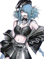  alternate_costume aqua_hair aqua_scarf asymmetrical_bangs bare_shoulders belt belt_chain black_belt black_hat black_jacket black_skirt braid breasts chain_necklace chains chinese_commentary cleavage collarbone commentary cowboy_shot crop_top cropped_jacket detached_collar ear_chain earrings eyelashes female forked_tongue hand_on_own_hip hat hat_ornament highres jacket jewelry long_hair looking_at_viewer medium_breasts midriff miniskirt multiple_necklaces navel necklace off_shoulder path_to_nowhere pointy_ears scales scarf serpent_(path_to_nowhere) sidelocks silver_necklace simple_background skirt slit_pupils solo star_(symbol) star_earrings star_hat_ornament straight-on tilted_headwear tongue tongue_out twin_braids very_long_hair white_background white_eyes yu_zhezhe 