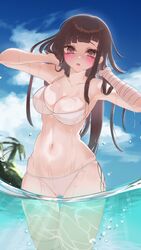  :o absurdres bandaged_arm bandaged_leg bandages bikini blush breasts brown_hair collarbone cowboy_shot danganronpa_(series) danganronpa_2:_goodbye_despair day female highres long_hair looking_at_viewer mi_loveyouuu navel palm_tree pink_eyes shiny_skin solo stomach swimsuit tree tsumiki_mikan wading water wet white_bikini 