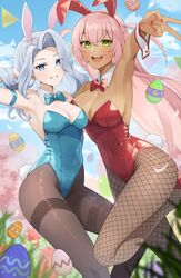  2girls animal_ears blue_eyes breasts dark-skinned_female dark_skin easter_egg egg gift_art green_eyes grey_hair gya_(144) hair_between_eyes highres indie_virtual_youtuber kimie_(vtuber) leotard medium_breasts monarch_(amalee) multiple_girls open_mouth pantyhose pink_hair playboy_bunny rabbit_ears second-party_source smile strapless strapless_leotard teeth v virtual_youtuber white_hair 