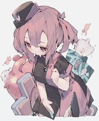  absurdres bandaid black_dress black_hat blush breasts commentary_request cropped_legs dated_commentary dress female ghost hat heart heart_(organ) highres holding holding_syringe leaning_forward looking_down medium_breasts nep_(nep_76) original parted_lips pink_dress pink_eyes pink_hair short_hair simple_background solo stethoscope syringe white_background x-ray_film 