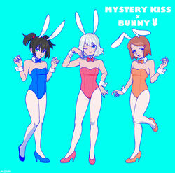  3girls :o alternate_costume bad_id bad_pixiv_id black_hair blue_background blue_bow blue_bowtie blue_eyes blue_footwear blue_leotard bow bowtie breasts brown_hair closed_mouth color_coordination commentary_request detached_collar english_text grey_hair hand_up hands_up high_heels highres ichimura_shiho leotard looking_at_viewer medium_breasts midori_(rgonkr) multiple_girls nikaidou_rui odd_taxi open_mouth orange_bow orange_bowtie orange_footwear orange_leotard pantyhose pink_footwear pink_leotard playboy_bunny red_bow red_bowtie short_hair short_twintails simple_background smile smirk spoilers strapless strapless_leotard twintails w_arms wadagaki_sakura wavy_hair white_hair white_pantyhose wrist_cuffs 