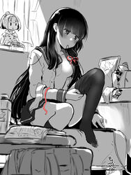  adjusting_clothes adjusting_legwear akizuki_(kancolle) bag bed blunt_bangs blush breasts character_doll curtains female greyscale hair_ribbon hair_tie_in_mouth highres indoors isokaze_(kancolle) kantai_collection kneehighs long_hair long_sleeves mochisaka_mitsuki monochrome mouth_hold on_bed open_clothes open_shirt pleated_skirt red_ribbon ribbon sailor_collar school_uniform serafuku single_kneehigh single_sock single_thighhigh sitting skirt socks solo spot_color thighhighs 