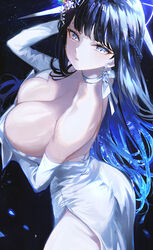  alternate_breast_size blue_archive blue_halo breasts choker dress egoswans elbow_gloves female gloves halo highres large_breasts official_alternate_costume saori_(blue_archive) saori_(dress)_(blue_archive) solo strapless strapless_dress white_choker white_dress white_gloves 