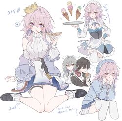  1boy 2girls absurdres alternate_costume apron bare_shoulders black_footwear breasts cleavage commentary dan_heng_(honkai:_star_rail) dan_heng_(kfc)_(honkai:_star_rail) eating enmaided food full_body garter_straps hair_between_eyes heart highres holding holding_food holding_pizza honkai:_star_rail honkai_(series) jacket long_sleeves looking_at_viewer maid maid_apron maid_headdress march_7th_(apparel)_(honkai:_star_rail) march_7th_(feast)_(honkai:_star_rail) march_7th_(honkai:_star_rail) medium_hair miss_itata multicolored_eyes multiple_girls multiple_views off_shoulder official_alternate_costume open_clothes open_jacket pink_hair pizza school_uniform simple_background sitting skirt socks spoken_heart stelle_(honkai:_star_rail) sweater thighhighs tongue tongue_out trailblazer_(honkai:_star_rail) wariza white_apron white_background white_socks white_sweater white_thighhighs 