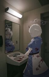  absurdres bathroom blood blood_on_clothes blood_on_face blood_on_hands blue_archive blue_dress braid breasts crying crying_with_eyes_open dress faucet female gloves grey_hair hair_between_eyes halo highres horns indoors lights mask mask_pull mirror mouth_mask photo_background plentyofempty sena_(blue_archive) short_hair short_sleeves sink soap_dispenser surgical_mask tears white_hair yellow_eyes 