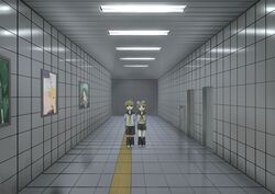  1boy allister_(pokemon) arms_behind_back artist_self-reference black_eyes black_hair black_sailor_collar black_shorts black_socks blonde_hair brother_and_sister commentary empty_eyes female full_body grady_sisters_(the_shining) grey_footwear grey_shirt hallway highres horror_(theme) indoors kagamine_len kagamine_rin looking_at_viewer medium_bangs neckerchief necktie nekonekosan_(kemushima3) open_mouth pokemon pokemon_swsh poster_(object) sailor_collar shirt shoes short_hair shorts siblings smile socks standing swept_bangs tactile_paving the_exit_8 the_shining tile_floor tile_wall tiles twins vocaloid yellow_neckerchief yellow_necktie 