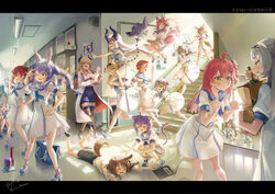  6+girls :d ;d ahoge animal_ears armband bag bird black_footwear blonde_hair blue_eyes blue_footwear blue_hair blue_neckerchief blue_sailor_collar book bottle carrying cat_ears cat_tail closed_eyes commentary_request crow_(la+_darknesss) dog_ears dog_tail don-chan_(usada_pekora) fallen_down falling fox_ears fox_tail gawr_gura green_eyes grey_hair gun hakui_koyori handgun high_heels highres holding holding_bottle holding_gun holding_weapon holohoneygaoka_high_school_uniform holohoneygaoka_koukou hololive hololive_english hololive_indonesia horns hoshimachi_suisei houshou_marine indoors inugami_korone jumping kazama_iroha kito_koruta kureiji_ollie la+_darknesss long_hair miteiru_(shirakami_fubuki) moona_hoshinova mr._squeaks_(hakos_baelz) multiple_girls murasaki_shion neckerchief nekomata_okayu official_alternate_costume omaru_polka one_eye_closed paper_bag pencil_as_mustache phone_with_ears pink_hair rabbit_ears red_eyes red_hair sailor_collar sakamata_chloe sakura_miko school_bag school_uniform serafuku shirt shishiro_botan short_hair shoulder_carry signature skirt smile socks stairs standing subaru_duck tail takane_lui tokino_sora tokoyami_towa translation_request tsunomaki_watame twintails usada_pekora v-shaped_eyebrows v_over_eye virtual_youtuber weapon white_hair white_shirt white_skirt white_socks yuzuki_choco yuzuki_choco_(1st_costume) 