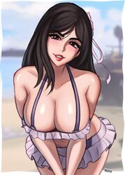  absurdres beach bikini black_hair breast_focus breasts cleavage commentary day english_commentary female final_fantasy final_fantasy_vii final_fantasy_vii_rebirth final_fantasy_vii_remake highres large_breasts long_hair looking_at_viewer magaska navel ocean official_alternate_costume outdoors red_eyes skirt smile solo swimsuit tifa_lockhart tifa_lockhart_(shining_spirit) 