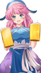  :d absurdres alcohol animal_hat apron beer beer_mug blue_apron blue_hat blue_shirt breasts commentary cowboy_shot cup female green_eyes hat highres holding holding_cup long_hair looking_at_viewer lykesya medium_breasts mug okunoda_miyoi pink_hair purple_skirt shirt short_sleeves simple_background skirt smile solo symbol-only_commentary touhou whale_hat white_background 