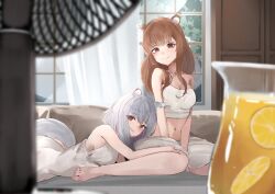  2girls absurdres animal_ears araca_ra bare_shoulders barefoot blurry blurry_foreground blush breasts brown_eyes brown_hair closed_mouth criss-cross_halter crop_top dress electric_fan food fruit grey_hair halterneck highres holo indoors looking_at_viewer lying medium_breasts mother_and_daughter multiple_girls myuri_(spice_and_wolf) navel on_stomach orange_(fruit) orange_slice pitcher_(container) sidelocks sitting skirt smile spice_and_wolf stomach tail toenails toes wariza white_dress white_skirt wolf_ears wolf_girl wolf_tail 