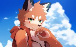  16:10 2019 4_fingers anthro bedroom_eyes blush canid canine clothing cloud countershading fingers fox foxy_(nekojita) fur green_eyes hand_on_mouth hoodie looking_at_viewer male mammal narrowed_eyes nekojita orange_body orange_fur outside red_clothing red_hoodie red_topwear seductive sky solo topwear white_body white_fur widescreen 