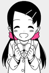  :d ^_^ alternate_hairstyle blazer blush bow bowtie buttons clenched_hands closed_eyes collared_shirt commentary cosplay dot_nose facing_viewer female forehead grey_background greyscale hair_ornament hair_scrunchie hairclip hands_up highres hitori_bocchi hitori_bocchi_(cosplay) hitoribocchi_no_marumaru_seikatsu jacket katsuwo_(cr66g) long_hair long_sleeves monochrome open_mouth pink_scrunchie school_uniform scrunchie shirt simple_background smile solo sotoka_rakita spot_color twintails upper_body 