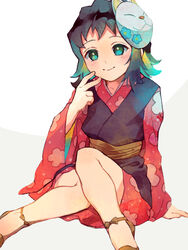  bare_legs black_hair blue_eyes brown_footwear brown_sash female floral_print fox_mask hana_(h6n6_matsu) hand_rest highres japanese_clothes kimetsu_no_yaiba kimono knees_together_feet_apart long_hair looking_to_the_side makomo_(kimetsu) mask mask_on_head on_floor print_kimono sandals sitting smile solo v 