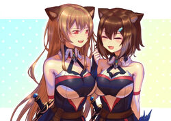  2girls ^_^ animal_ear_fluff animal_ears breasts brown_hair cat_ears closed_eyes cosplay fish_hair_ornament fumino_tamaki furen_e_lustario furen_e_lustario_(1st_costume) furen_e_lustario_(cosplay) hair_ornament kemonomimi_mode large_breasts long_hair memusutasu multiple_girls nijisanji open_mouth red_eyes short_hair smile virtual_youtuber 