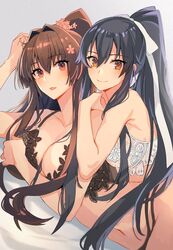  2girls alternate_costume arm_support black_bra black_hair bow bra breasts cleavage closed_mouth commentary_request grey_background hair_between_breasts hair_between_eyes hair_intakes highres kantai_collection kasumi_(skchkko) large_breasts lingerie long_hair looking_at_viewer lying multiple_girls navel no_headgear on_bed on_stomach open_mouth ponytail red_eyes simple_background smile underwear underwear_only very_long_hair white_bow white_bra yahagi_(kancolle) yahagi_kai_ni_(kancolle) yamato_(kancolle) yellow_eyes 