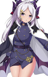  belt blue_archive coat coat_on_shoulders commentary english_commentary female hair_ornament hair_ribbon hairclip halo hina_(blue_archive) horns long_hair long_sleeves looking_at_viewer military military_uniform miniskirt multiple_horns parted_lips ponytail purple_eyes ribbon sheita sidelocks simple_background skirt solo uniform white_background white_hair 