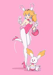  alternate_costume animal_ears basket blonde_hair blue_eyes crown earrings easter_egg egg female full_body gloves high_heels highres holding holding_basket jewelry leg_up leotard looking_at_viewer mario_(series) pantyhose pendant_choker pink_background pink_footwear pink_leotard playboy_bunny ponytail princess_peach rabbit_ears rabbit_tail saiwo_(saiwoproject) simple_background solo sphere_earrings star_bunny super_mario_galaxy tail white_gloves white_pantyhose 