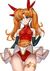  absurdres aqua_eyes bare_shoulders blush bow breasts closed_mouth commentary_request female gold_trim hairbow highleg highleg_leotard highres korean_commentary langrisser langrisser_iii leotard long_hair looking_at_viewer mhg_(hellma) miniskirt orange_hair pleated_skirt red_leotard simple_background skirt sleeveless small_breasts smile solo thigh_strap thighlet thighs tiaris_(langrisser) turtleneck twintails white_background 