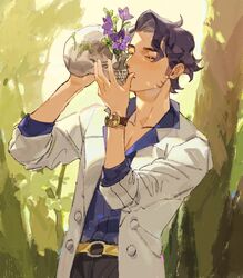  1boy augustine_sycamore belt black_hair black_pants blue_shirt closed_mouth curly_hair facial_hair flower hands_up highres holding holding_skull kissing kissing_skull lab_coat male_focus pants pokemon pokemon_xy purple_flower seonforest shirt skull solo watch wristwatch yellow_belt 