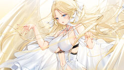  absurdres azur_lane bangs bare_shoulders blonde_hair blue_eyes breasts brest_(azur_lane) clothing_cutout collarbone commentary cowboy_shot dress female floating_hair hair_ribbon hands_up highres large_breasts leotard light_particles long_hair maya_g musical_note navel open_mouth parted_bangs revealing_clothes ribbon sidelocks solo sparkle symbol-only_commentary underboob underboob_cutout very_long_hair white_dress white_leotard white_ribbon wings yellow_wings 