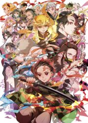  6+boys 6+girls absurdres agatsuma_zenitsu akaza_(kimetsu_no_yaiba) animal_print bamboo bit_gag biwa_lute black_hair black_pants black_shirt blonde_hair blue_eyes blunt_bangs boar_mask braid brown_hair butterfly_print closed_eyes daki_(kimetsu_no_yaiba) demon_slayer_uniform douma_(kimetsu_no_yaiba) earrings everyone facial_mark forehead_protector gag gradient_hair green_eyes green_hair gyokko_(kimetsu_no_yaiba) gyuutarou_(kimetsu_no_yaiba) hair_ribbon hakama hakama_pants hana_(h6n6_matsu) hantengu_(kimetsu_no_yaiba) haori hashibira_inosuke highres himejima_gyoumei holding holding_sword holding_weapon iguro_obanai instrument japanese_clothes jewelry kaburamaru kamado_nezuko kamado_tanjirou kanroji_mitsuri katana kibutsuji_muzan kimetsu_no_yaiba kimono kochou_shinobu long_hair looking_at_viewer looking_back lute_(instrument) mohawk mole mole_under_eye multicolored_eyes multicolored_hair multiple_boys multiple_girls nakime_(kimetsu_no_yaiba) pants parted_bangs pink_eyes pink_hair pink_kimono pink_ribbon ponytail purple_eyes rainbow_eyes red_eyes rengoku_kyoujurou reverse_grip ribbon scar scar_on_face scar_on_forehead shinazugawa_genya shinazugawa_sanemi shirt short_hair side_ponytail snake sword tokitou_muichirou tomioka_giyuu topless_male tsuyuri_kanao ubuyashiki_kagaya very_long_hair weapon white_hair white_snake yellow_eyes 