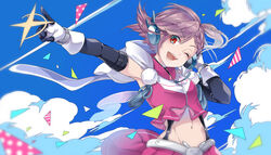  alternate_costume bati15 bracelet braid cloud elbow_gloves female gloves hand_on_headphones hand_up headphones highres jewelry midriff navel official_art one_eye_closed one_side_up open_mouth pink_shirt pink_skirt pleated_skirt pom_pom_(clothes) prismplus purple_hair red_eyes shirt short_hair skirt sleeveless sleeveless_shirt solo suspender_skirt suspenders symbol_in_eye tenjin_kotone upper_body virtual_youtuber white_gloves 