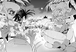  2boys 3girls ayla_(chrono_trigger) bike_shorts breasts chrono_trigger crono_(chrono_trigger) glasses greyscale helmet kino_(chrono_trigger) kurono_hibiki long_hair lucca_ashtear marle_(chrono_trigger) medium_hair monochrome multiple_boys multiple_girls nu_(chrono_trigger) open_mouth ponytail scarf short_hair smile 