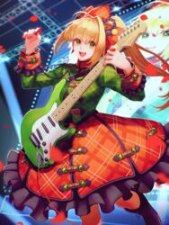  absurdres ahoge blonde_hair braid breasts fate/extra fate/grand_order fate_(series) female french_braid green_eyes green_shirt guitar hair_between_eyes hair_intakes hair_ornament highres instrument kankitsurui_(house_of_citrus) large_breasts long_hair long_sleeves looking_at_viewer nero_claudius_(fate) nero_claudius_(fate/extra) nero_claudius_(lostroom_outfit)_(fate) official_alternate_costume open_mouth orange_skirt petals plectrum shirt side_ponytail skirt smile solo 