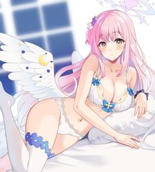  angel_wings bed_sheet blue_archive bra breasts commentary female hair_between_eyes hair_bun hair_ornament halo ichinomiya_(blantte) indoors large_breasts long_hair looking_at_viewer lying mika_(blue_archive) navel on_side panties pillow pink_hair ribbon single_hair_bun single_side_bun solo thighhighs underwear white_bra white_panties white_thighhighs window wings yellow_eyes 