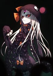  abigail_williams_(fate) abigail_williams_(third_ascension)_(fate) absurdres animal_hood black_bow bow colored_skin commentary commission english_commentary fate/grand_order fate_(series) female glowing glowing_eyes highres hood jin_grey_paladin long_hair multiple_bows onesie orange_bow pale_skin pink_eyes polka_dot polka_dot_bow red_eyes shaded_face sleeves_past_wrists solo third_eye white_hair white_skin 