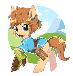  2019 alternate_species blonde_hair blue_eyes breath_of_the_wild cel_shading clothing cloud crossover day digital_media_(artwork) ear_piercing ear_ring equid equine feral grass hair hasbro horse link looking_at_viewer male mammal my_little_pony nintendo outline piercing plant ponification pony ponytail ring_piercing seitarou shaded sheikah_slate smile solo tablet_computer the_legend_of_zelda 