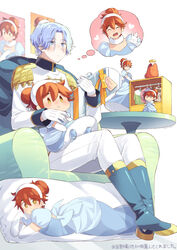  1boy armchair blue_eyes blue_footwear blue_hair blush boots chair character_doll cinderella cinderella_(disney) cinderella_(disney)_(cosplay) closed_eyes commentary_request cosplay couch dakimakura_(object) doll dress epaulettes female figure full_body genderswap_(mtf) gloves hair_between_eyes hair_bun hasegawa_langa headband highres holding holding_doll holding_skateboard jacket kyan_reki looking_afar looking_at_viewer male_focus open_mouth orange_hair pants parted_bangs pillow poster_(object) prince princess red_hair rule_63 short_hair single_hair_bun sitting sk8_the_infinity skateboard smile table thought_bubble uppi white_gloves white_jacket white_pants yellow_eyes 