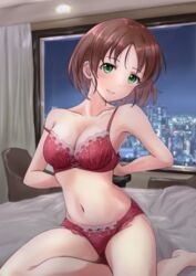  bed blush bra brown_hair chair cityscape commentary_request commission cyde female green_eyes harada_miyo highres hotel_room idolmaster idolmaster_cinderella_girls indoors light_smile lingerie naughty_face night night_sky on_bed open_window panties red_bra red_panties removing_bra sitting skeb_commission sky strap_slip table thighs underwear underwear_only wariza window 