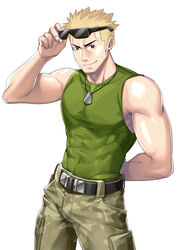  1boy adjusting_eyewear arm_behind_back bara bare_arms bare_shoulders belt belt_buckle biceps black_belt black_eyes blonde_hair bright_pupils brown_pants buckle camouflage camouflage_pants closed_mouth commentary commission covered_abs covered_navel dog_tags eyewear_on_head green_shirt green_tank_top grey_background hand_up jewelry kashi_kosugi male_focus muscular muscular_male necklace pants pectorals pokemon pokemon_hgss shiny_skin shirt short_hair sidepec sleeveless sleeveless_shirt smile solo spiked_hair sunglasses surge_(pokemon) tank_top white_pupils 