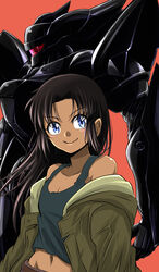  1boy assault_visor badrinath_harchand black_hair blue_eyes collarbone commentary_request dark-skinned_male dark_skin highres jacket jacket_on_shoulders kidou_keisatsu_patlabor long_hair looking_at_viewer male_focus mecha midriff navel otoko_no_ko red_background red_visor robot simple_background smile solo tank_top type_j-9_griffon zatou_(kirsakizato) 