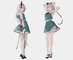  arms_up black_footwear black_hairband black_neckwear black_ribbon commentary dual_wielding female from_behind full_body green_eyes green_skirt green_vest grey_background hair_ribbon hairband highres holding holding_sword holding_weapon katana konpaku_youmu looking_at_viewer looking_back mary_janes miniskirt multiple_views petticoat photoshop_(medium) reeh_(yukuri130) ribbon shirt shoes short_hair short_sleeves simple_background skirt skirt_set standing sword symbol-only_commentary thighhighs touhou vest weapon white_hair white_shirt white_thighhighs wrist_ribbon zettai_ryouiki 