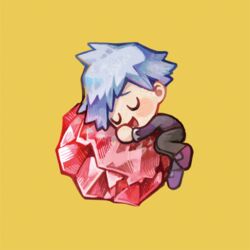  1boy :d blush_stickers chibi chinese_commentary closed_eyes commentary_request gem grey_hair happy huan_li jacket long_sleeves male_focus open_mouth pants pokemon pokemon_oras purple_footwear red_gemstone shoes short_hair smile solo steven_stone tongue u_u yellow_background 