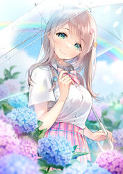  ancotaku blue_flower blurry blurry_background bow braid breasts brown_hair collared_shirt commentary_request depth_of_field dress_shirt eyes_visible_through_hair female flower green_eyes hair_flower hair_ornament highres holding holding_umbrella hydrangea long_hair medium_breasts original outdoors pink_bow pink_flower pink_skirt pleated_skirt purple_flower rainbow shirt short_sleeves skirt solo transparent transparent_umbrella umbrella white_shirt 