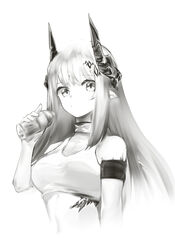  arknights bare_shoulders bottle breasts closed_mouth collar commentary_request crop_top female greyscale highres holding holding_bottle horns infection_monitor_(arknights) korean_commentary long_hair looking_at_viewer material_growth medium_breasts monochrome mudrock_(arknights) oripathy_lesion_(arknights) pointy_ears runamonet simple_background solo sports_bra upper_body white_background 